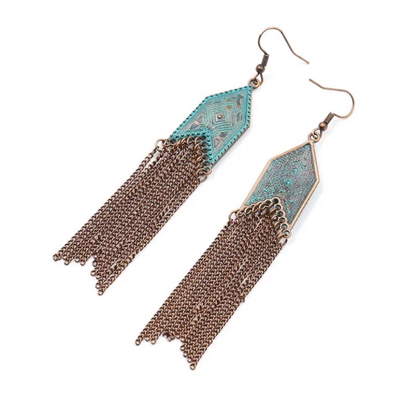 Turquoise Western Boho Chain Fringe Earrings - Picture 2 of 6